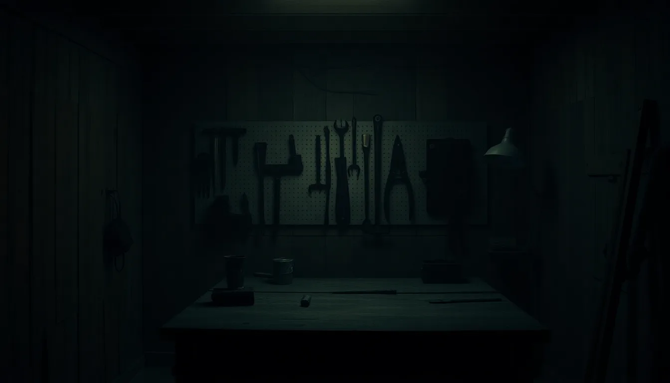 A dim boarded-up garage workbench with the silhouettes of improvised survival tools on a pegboard, lit by a single work lamp with dust motes in the beam.