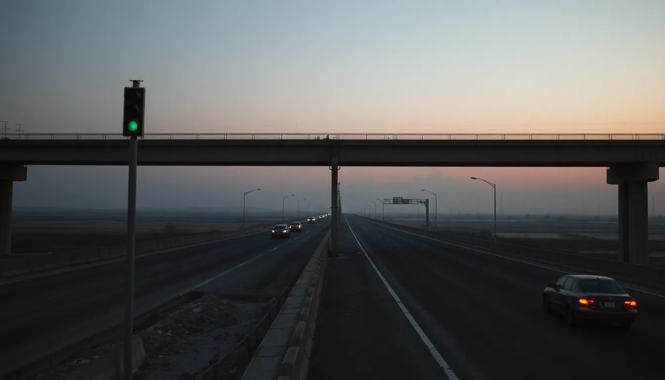 An empty apocalyptic highway overpass at dusk with abandoned cars and distant smoke — the desolate aftermath of a world that has gone sideways.