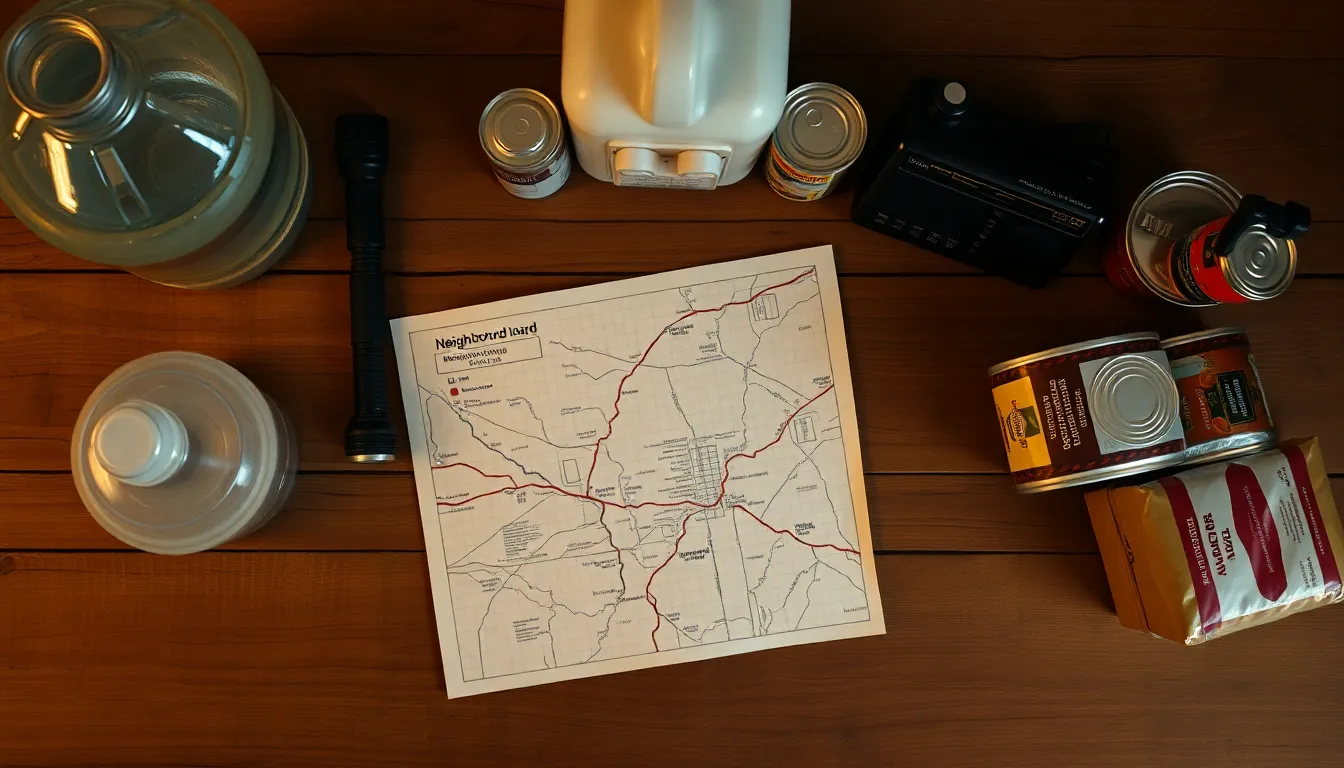 An overhead flat-lay on a weathered wooden table at dusk: a paper neighborhood map with a hand-drawn route, a flashlight, sealed water jugs, a first-aid kit, a hand-crank radio, and canned food arranged neatly — a household's disaster preparedness essentials.