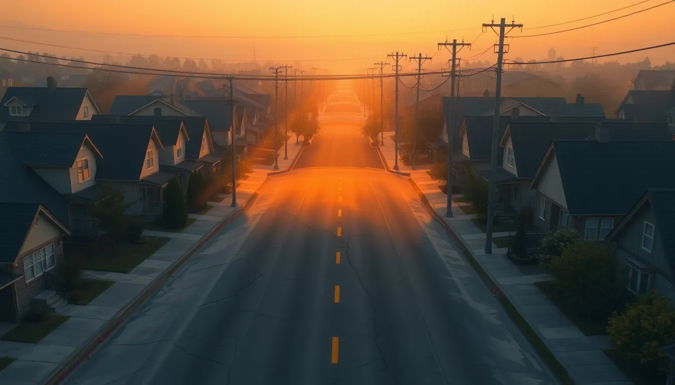 An overhead view of a residential street at dusk with faint cracks tracing through the pavement and a glowing amber route leading from the houses toward an open park clearing away from buildings and power lines — moving to safe open ground after an earthquake.