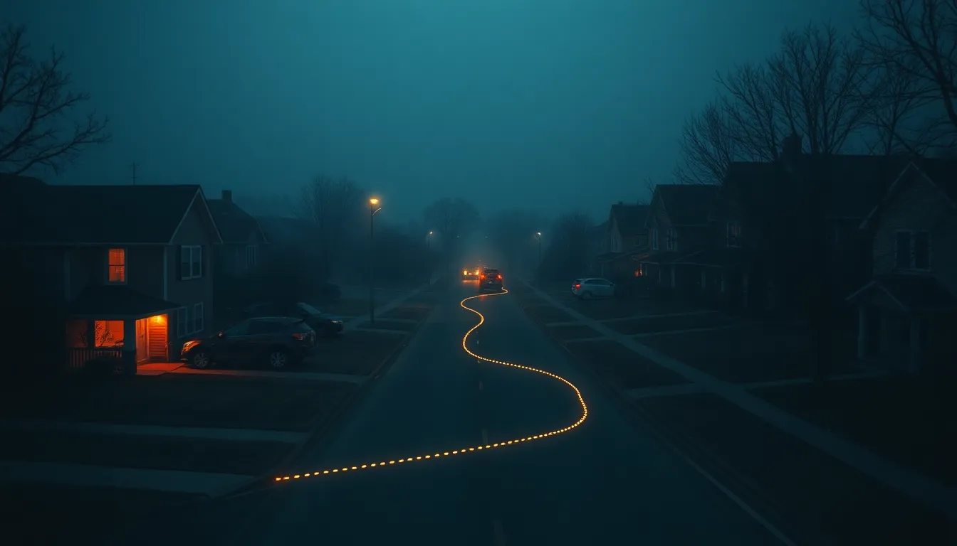 An overhead view of a quiet suburban street at dusk, one house softly lit, with a faint glowing dotted evacuation route traced along the real roads toward an open safe area — a family emergency plan mapped onto real streets.