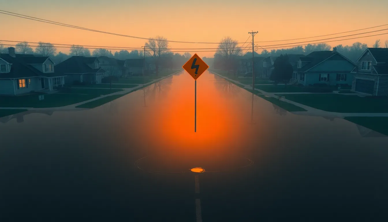 An overhead view of a partially flooded suburban street at dusk, brown floodwater covering the low road with a half-submerged street sign, and a glowing amber route leading from the houses toward higher ground away from the water.