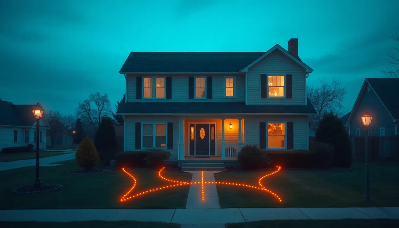 A two-story suburban house at dusk with two glowing amber escape routes leaving from a front door and a side window, tracing across the lawn to a lamppost meeting place on the sidewalk, a faint fire glow in one upstairs window.