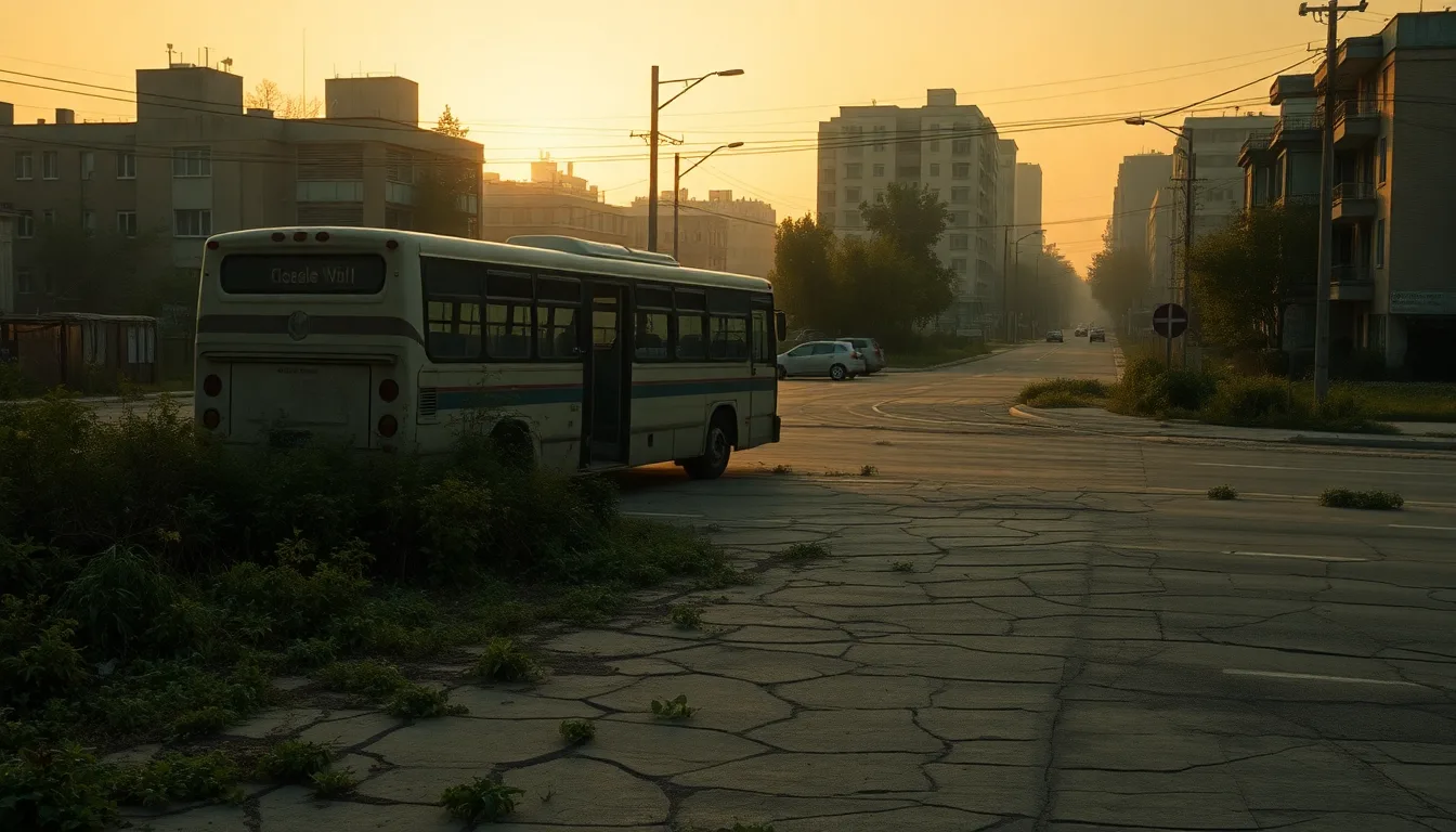 A decaying city intersection reclaimed by weeds, cracked pavement and a stalled bus casting long shadows in golden-dusk light.