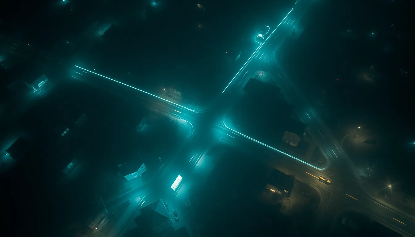 Overhead night view of a neighborhood during an evacuation, two glowing route lines — a bright primary route and a dimmer backup — branching away from a residential block toward open safe ground, with a faint cyan floodwater sheen on the streets.