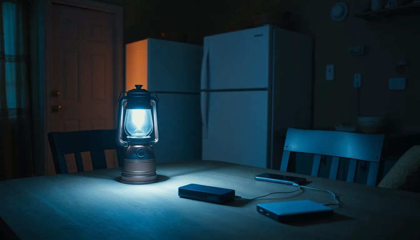 A family table lit warmly by a battery lantern and flashlight during a nighttime power outage, a closed refrigerator in the background, a power bank charging a phone, and a carbon monoxide detector on the wall.
