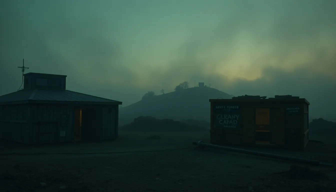 Four distinct empty survival shelters at dusk in a ruined landscape — a rooftop lookout, a barricaded doorway, a hillside camp, and a bunker hatch — wrapped in moody fog.