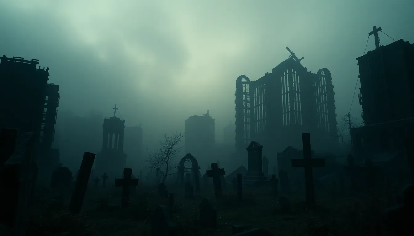 A foggy, overgrown graveyard on the edge of a ruined city at dusk, the collapsed skyline silhouetted behind cold desaturated haze.