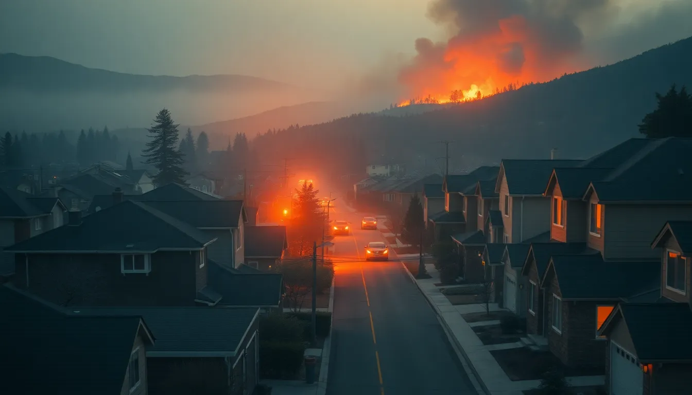 An overhead view of a residential neighborhood at dusk with an orange wildfire glow and smoke on a distant ridge, and a glowing amber evacuation route leading from the houses down the street away from the fire toward safety.