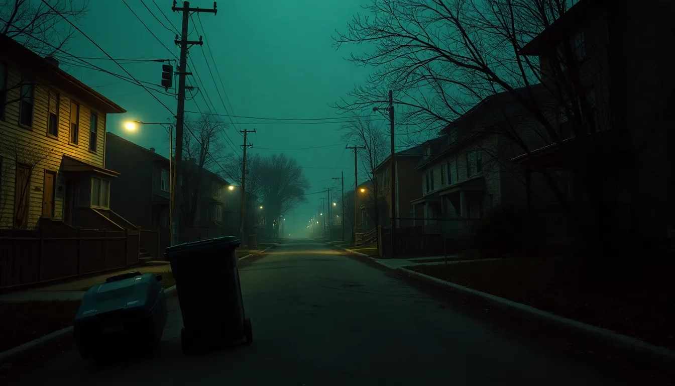 A deserted residential street at dusk after a zombie outbreak — overturned trash cans, boarded windows, and a sickly green haze hanging over the neighborhood.