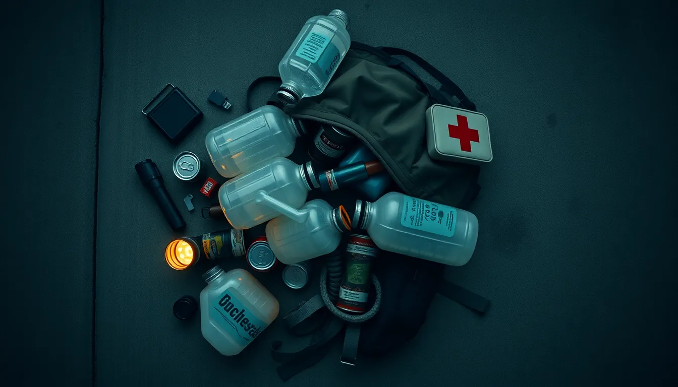 An overhead flat-lay of a survival backpack spilling water jugs, canned food, a flashlight, first-aid kit and rope across weathered concrete in dim moody light.