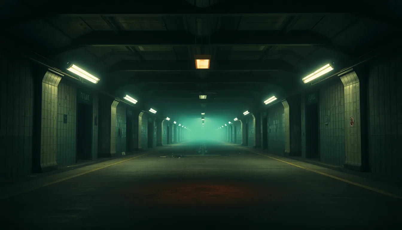 A dim abandoned subway platform with one flickering emergency light and an eerie green glow down the tunnel — the kind of choice-point a survival quiz puts you in.
